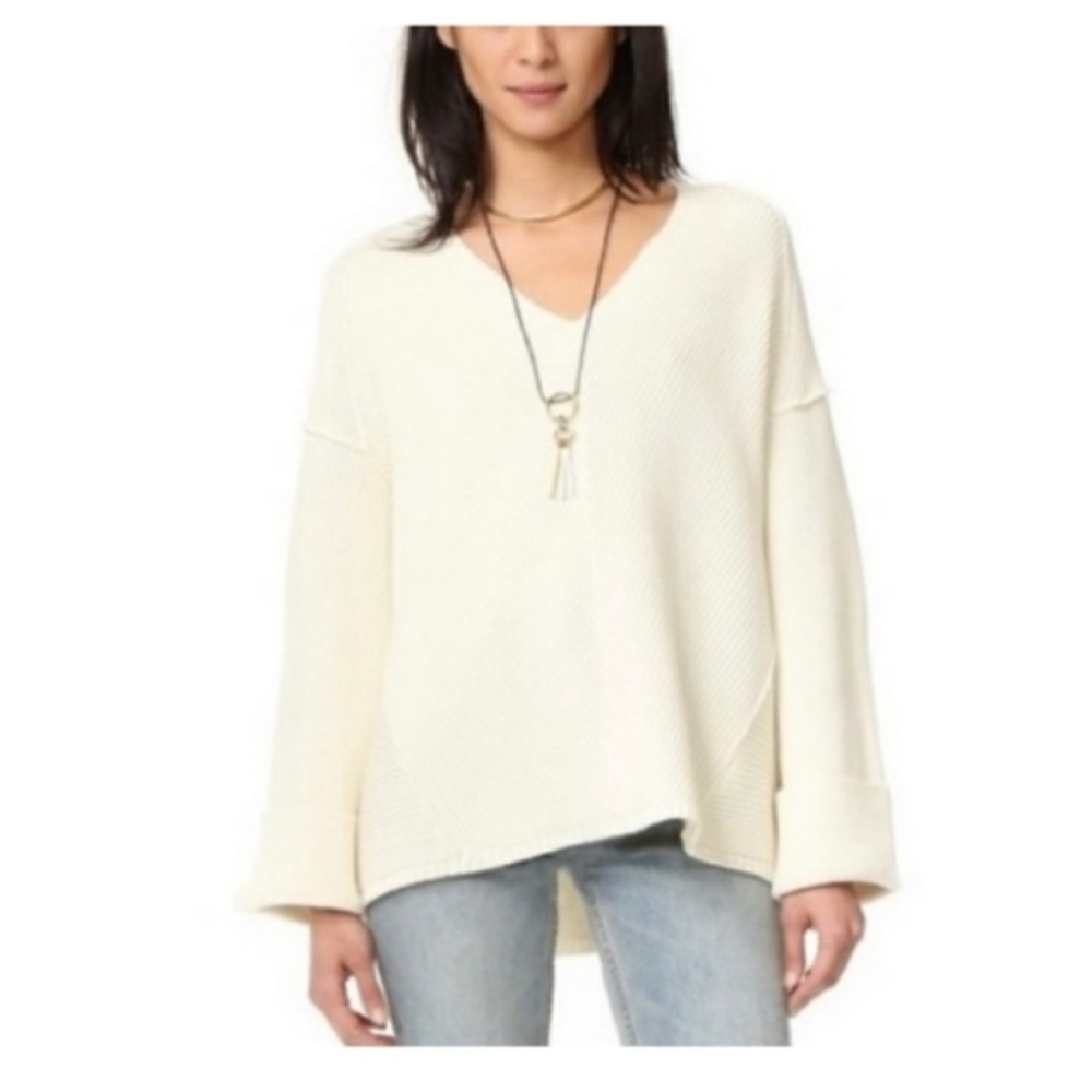 Free People La Brea V-neck Pullover Sweater Ivory Cream Size L-XL - Picture 4 of 14